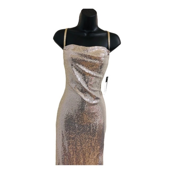 Bebe silver sequin cowl neck adjustable strap‎ slip style gown dress size large - Picture 4 of 15